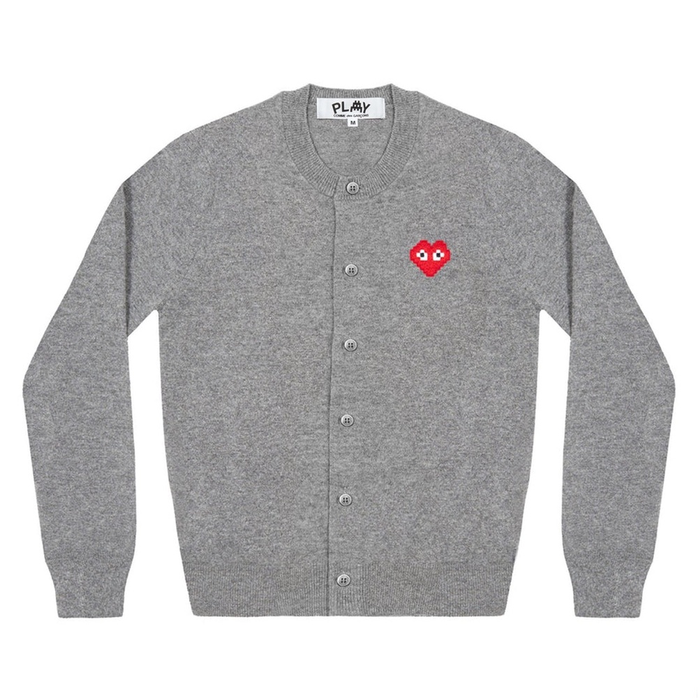 Comme des Garçons Grey Cardigan with Red Heart Patch Embroidery